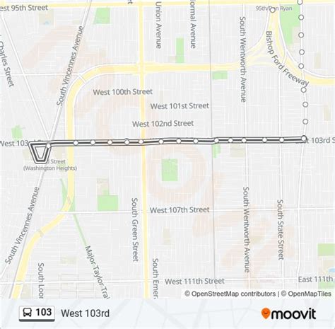 First and last buses reach mid-route stops later than these times-see schedule or use trip planner for specific times when service works for you. 103rd/Vincennes east to 95th/Dan Ryan (accessible) (Red) 5:10a-11:20p weekdays, 4:50a-11:00p Saturday, 4:50a-11:15p Sunday. 